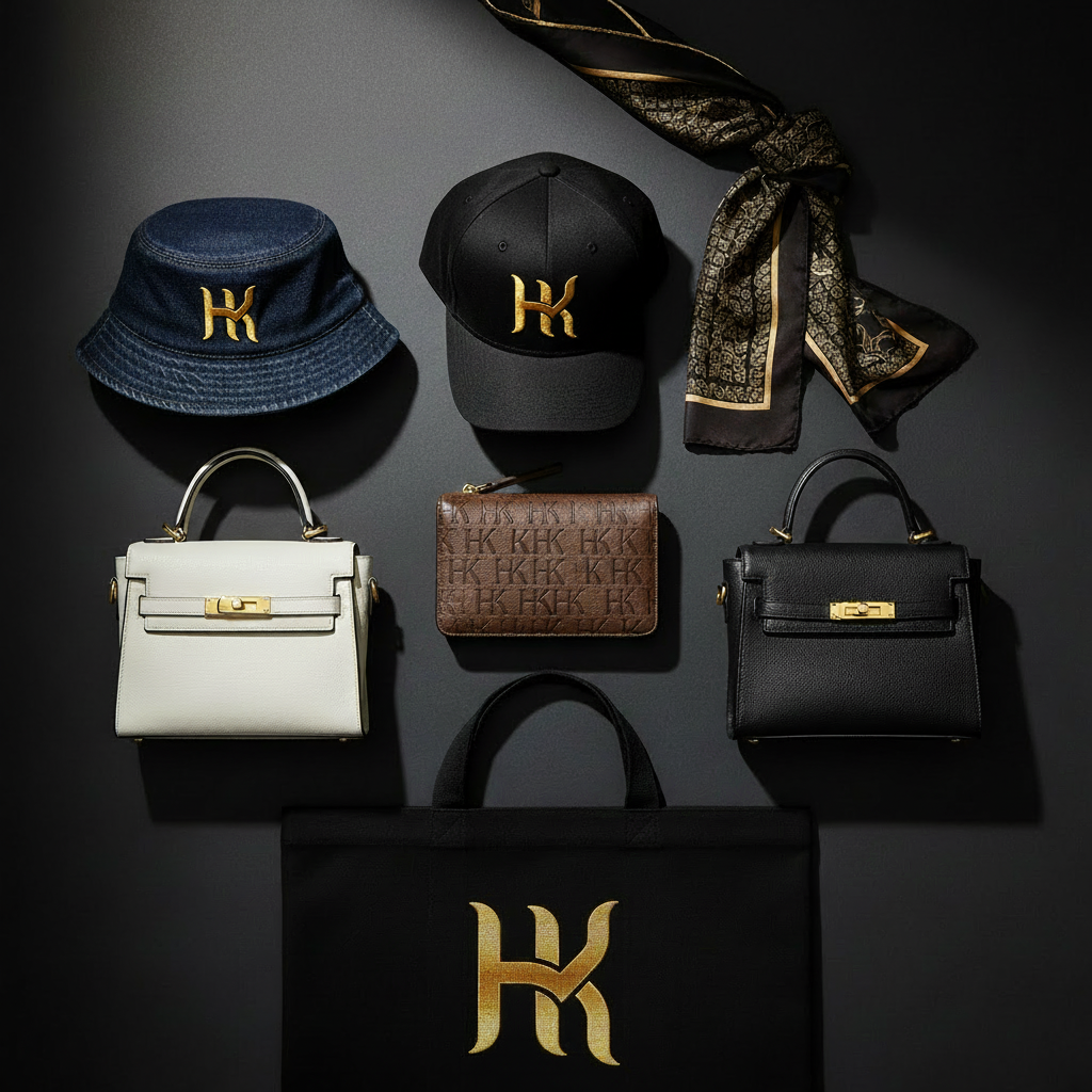 Accessories with HK logo visible on scarf